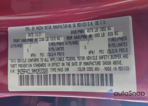 2021 Mazda Mazda3 Preferred z USA, uszkodzony, nr VIN 3MZBPACL3MM253328